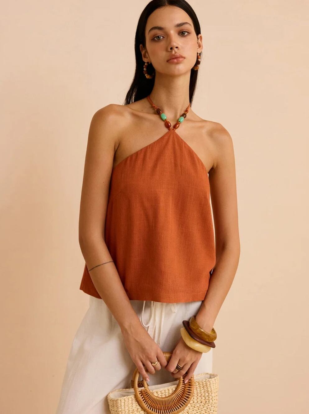 Commense Rust Linen Cotton Beaded Halter Top Size M NWOT - Mediterranean Summer